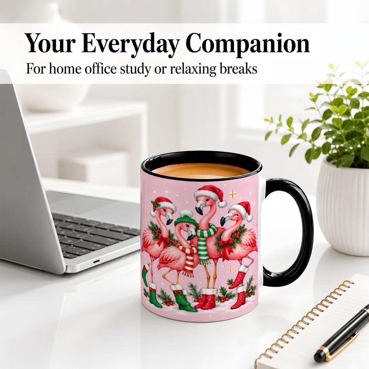 #pl[11oz|Black] Christmas Flamingo Accent Mug, Pink Holiday Bird Artwork
