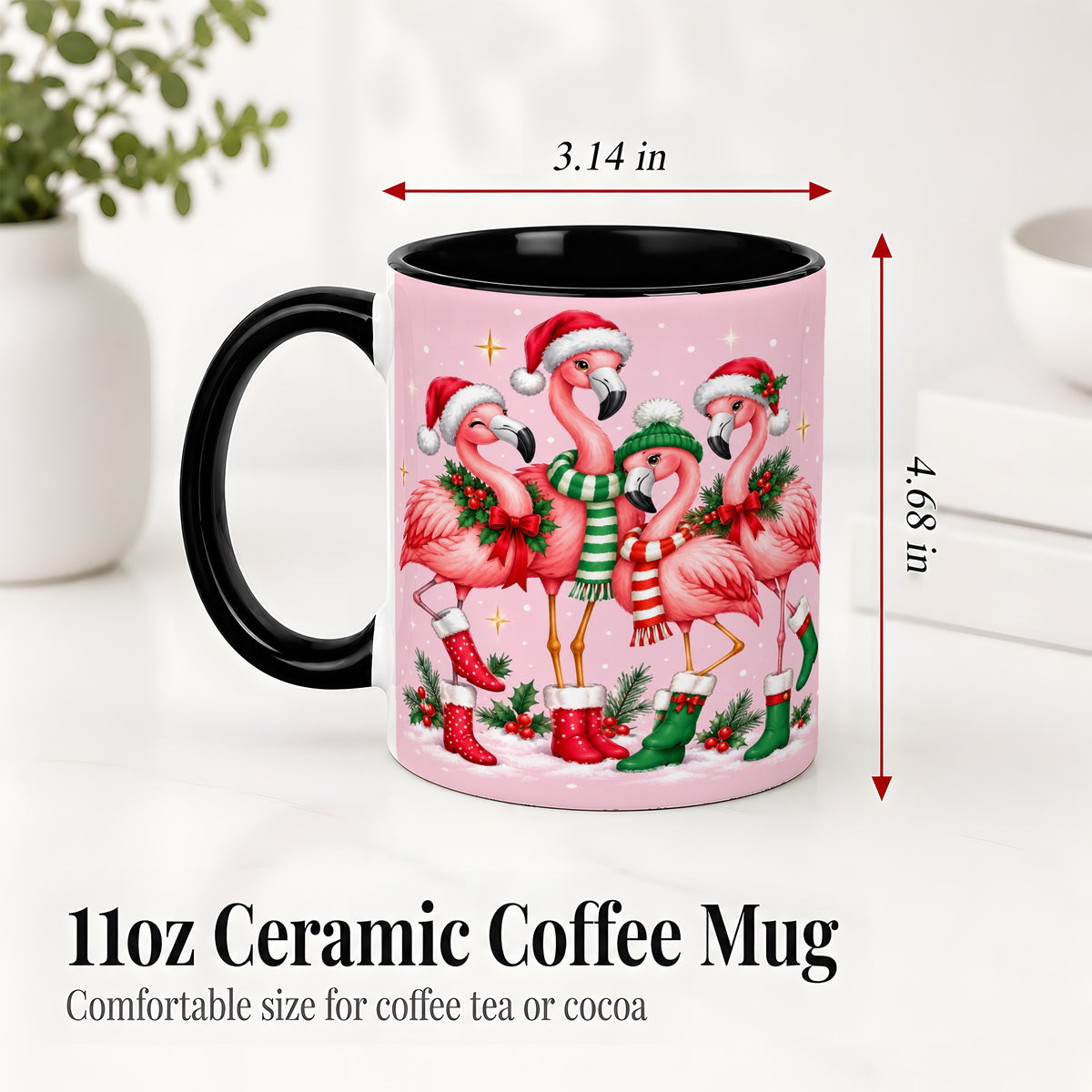 #pl[11oz|Black] Christmas Flamingo Accent Mug, Pink Holiday Bird Artwork