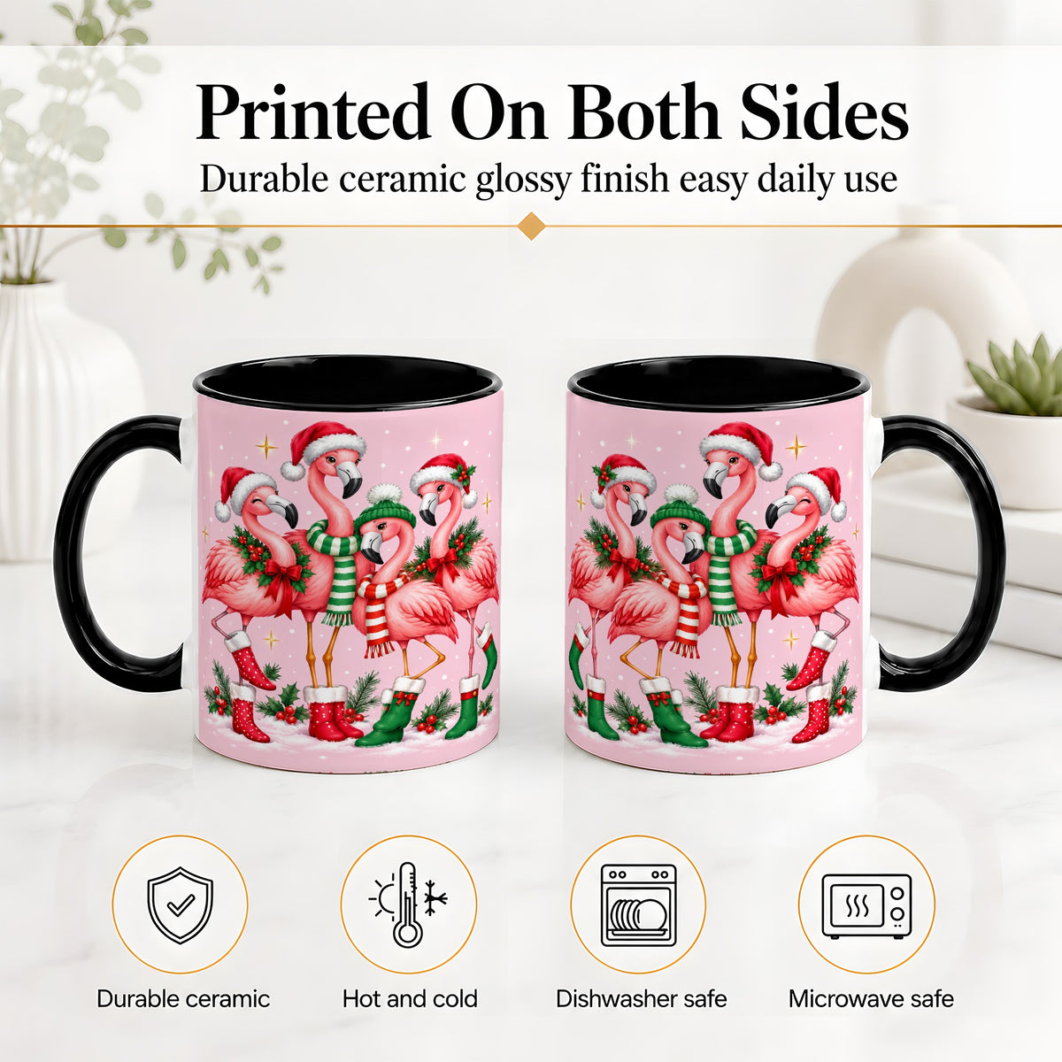 #pl[11oz|Black] Christmas Flamingo Accent Mug, Pink Holiday Bird Artwork