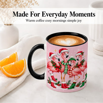 #pl[11oz|Black] Christmas Flamingo Accent Mug, Pink Holiday Bird Artwork