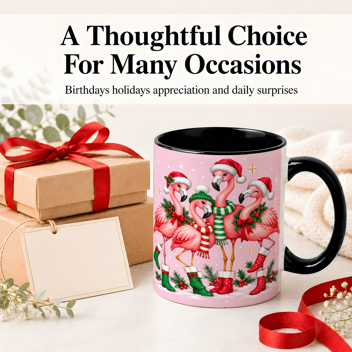 #pl[11oz|Black] Christmas Flamingo Accent Mug, Pink Holiday Bird Artwork