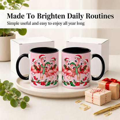 #pl[11oz|Black] Christmas Flamingo Accent Mug, Pink Holiday Bird Artwork