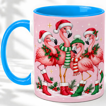 #pl[11oz|Blue] Christmas Flamingo Accent Mug, Pink Holiday Bird Artwork