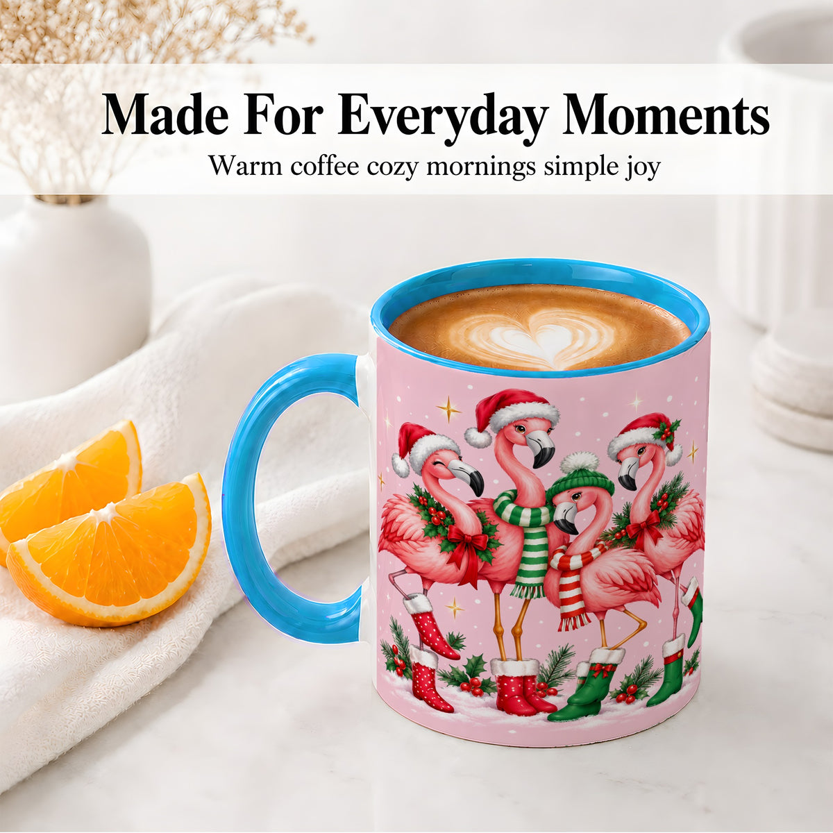 #pl[11oz|Blue] Christmas Flamingo Accent Mug, Pink Holiday Bird Artwork