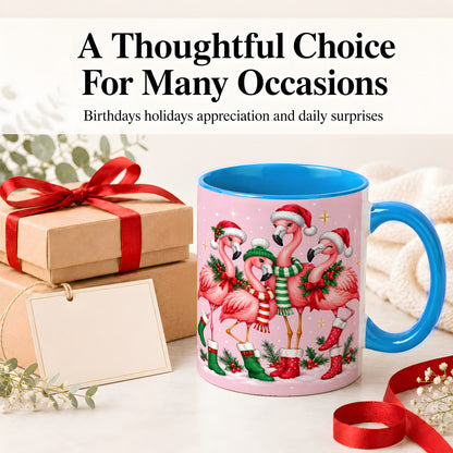 #pl[11oz|Blue] Christmas Flamingo Accent Mug, Pink Holiday Bird Artwork