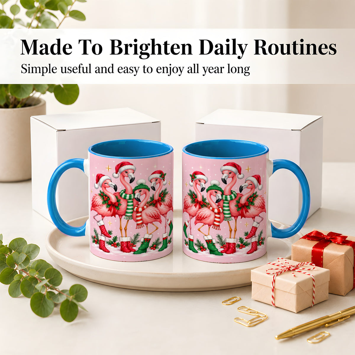 #pl[11oz|Blue] Christmas Flamingo Accent Mug, Pink Holiday Bird Artwork