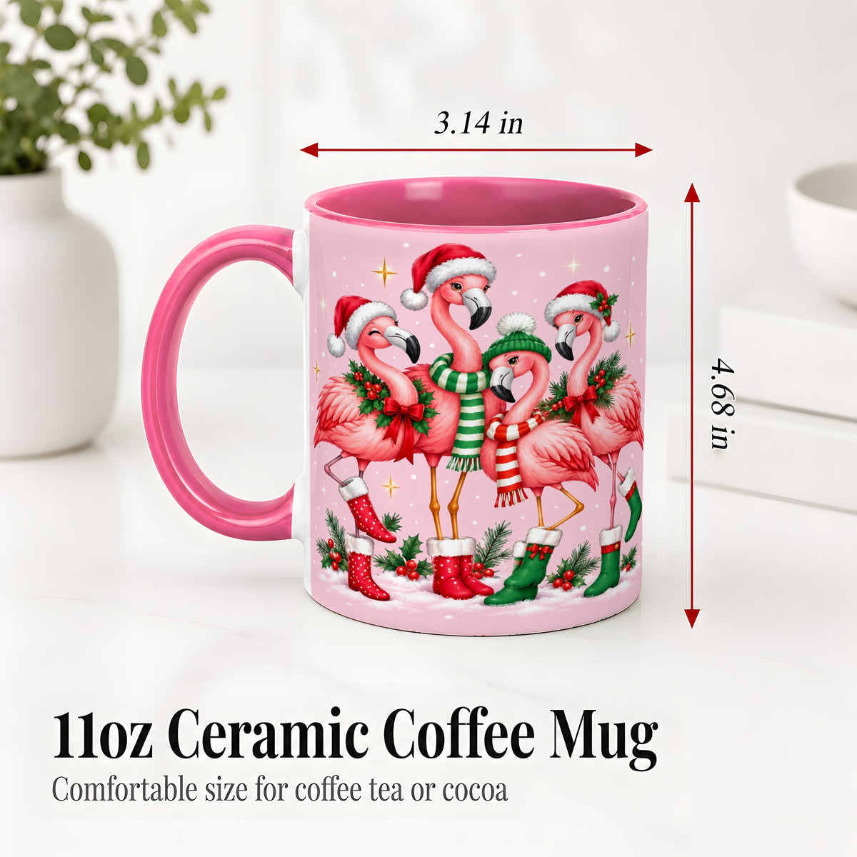 #pl[11oz|Pink] Christmas Flamingo Accent Mug, Pink Holiday Bird Artwork