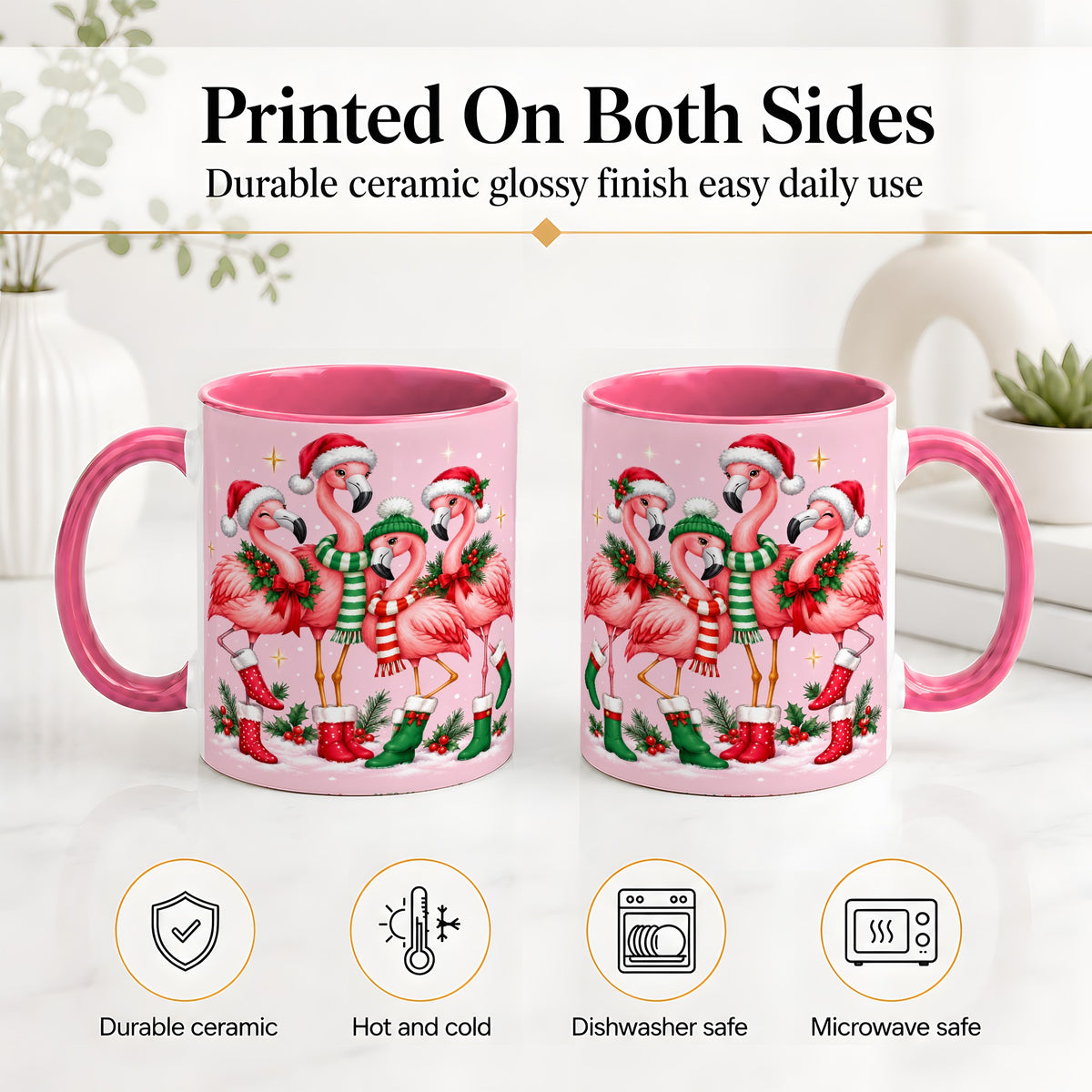 #pl[11oz|Pink] Christmas Flamingo Accent Mug, Pink Holiday Bird Artwork
