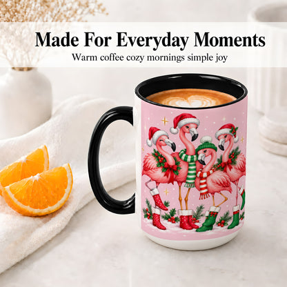 #pl[15oz|Black] Christmas Flamingo Accent Mug, Pink Holiday Bird Artwork