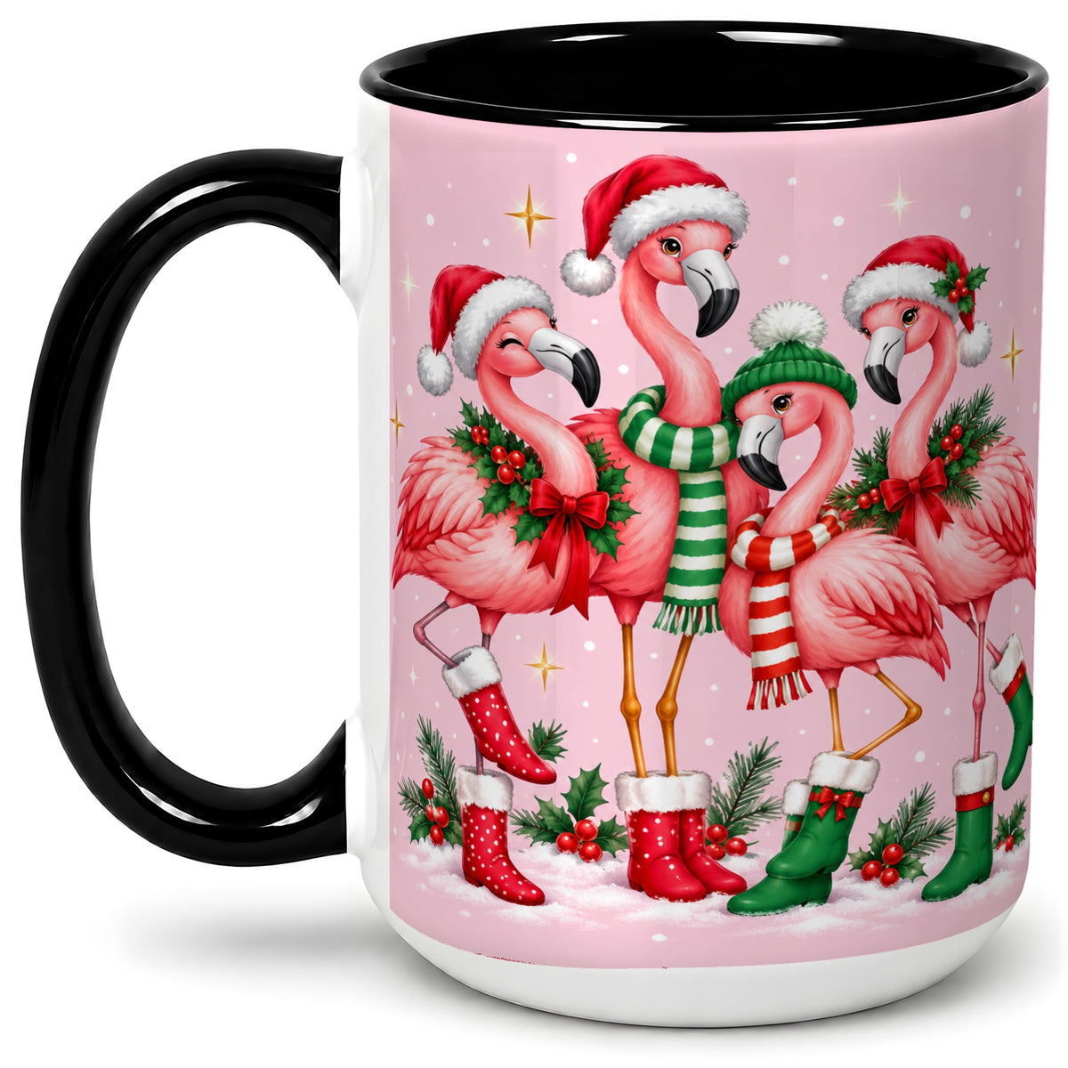 #pl[15oz|Black] Christmas Flamingo Accent Mug, Pink Holiday Bird Artwork