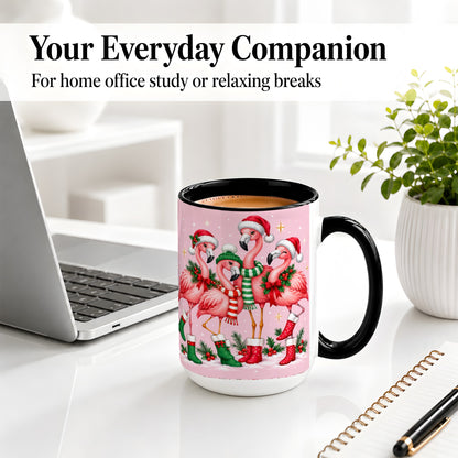 #pl[15oz|Black] Christmas Flamingo Accent Mug, Pink Holiday Bird Artwork