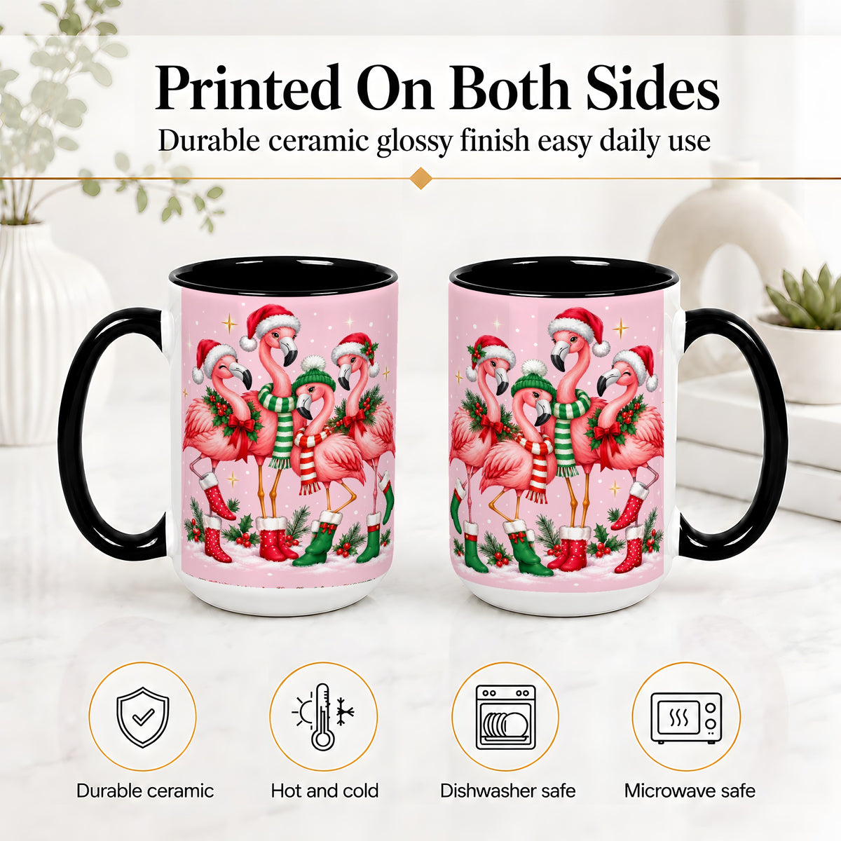 #pl[15oz|Black] Christmas Flamingo Accent Mug, Pink Holiday Bird Artwork