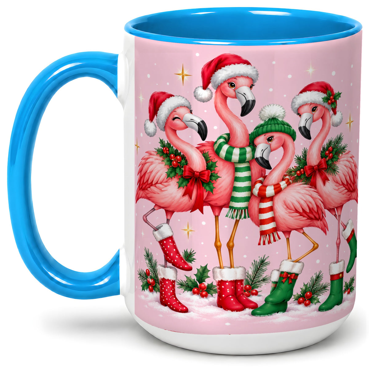 #pl[15oz|Blue] Christmas Flamingo Accent Mug, Pink Holiday Bird Artwork