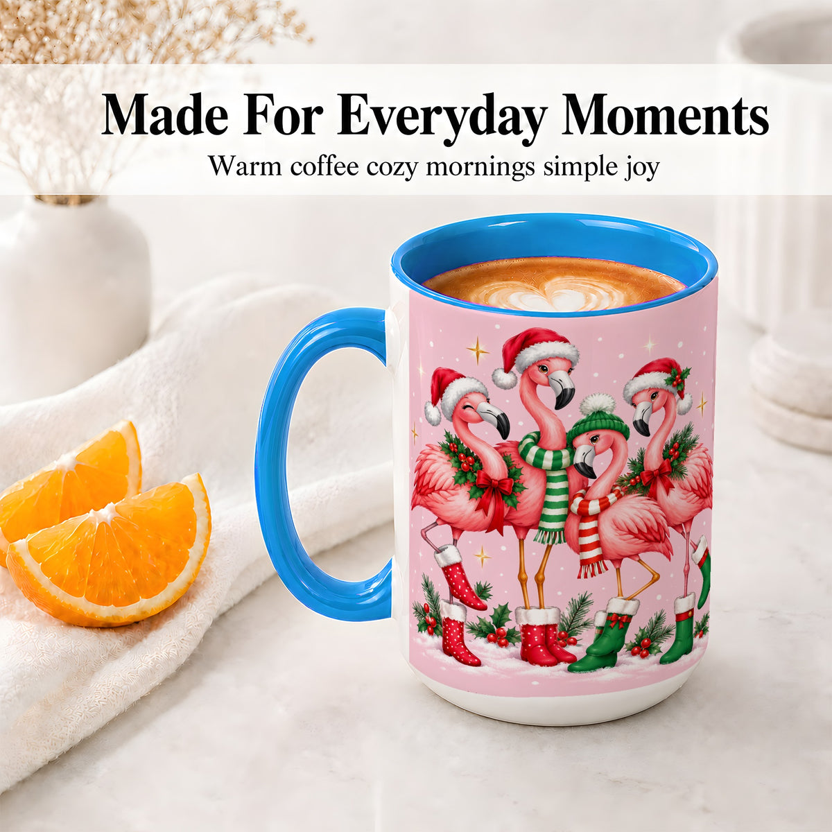 #pl[15oz|Blue] Christmas Flamingo Accent Mug, Pink Holiday Bird Artwork