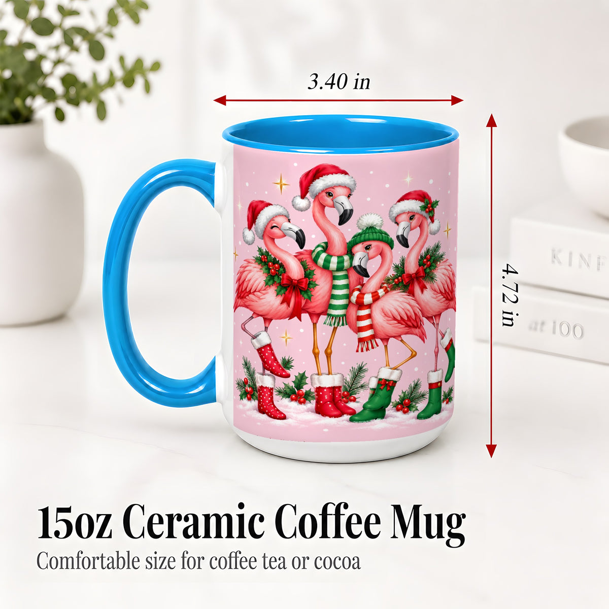#pl[15oz|Blue] Christmas Flamingo Accent Mug, Pink Holiday Bird Artwork