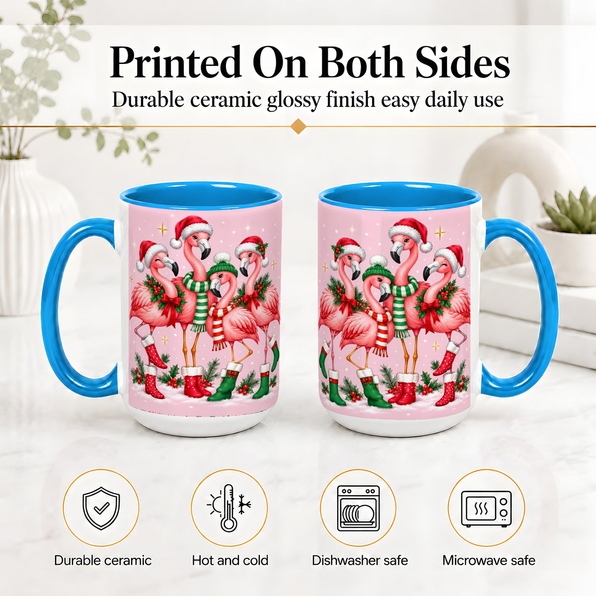 #pl[15oz|Blue] Christmas Flamingo Accent Mug, Pink Holiday Bird Artwork