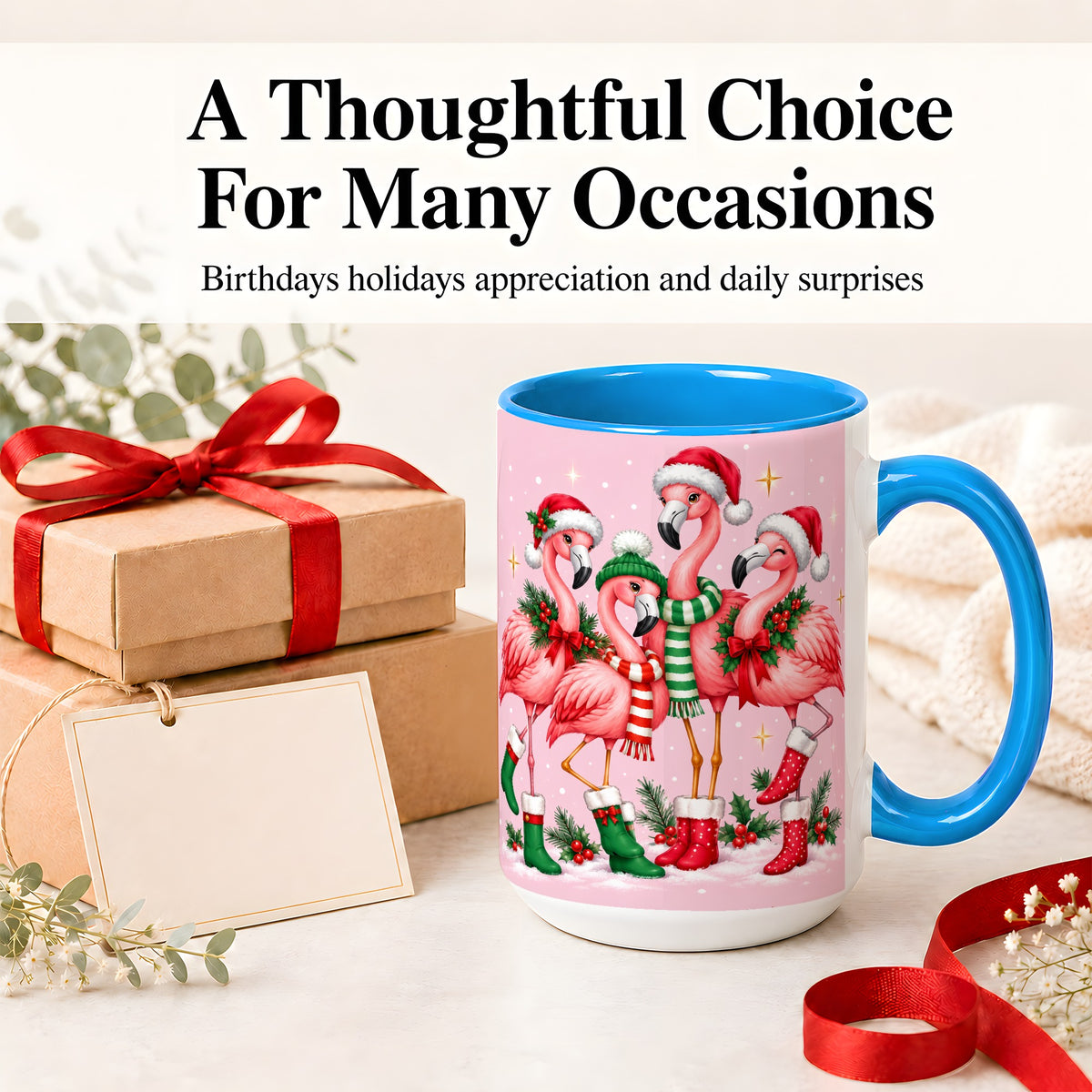 #pl[15oz|Blue] Christmas Flamingo Accent Mug, Pink Holiday Bird Artwork