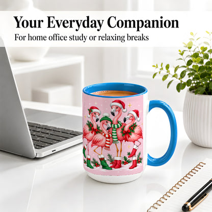 #pl[15oz|Blue] Christmas Flamingo Accent Mug, Pink Holiday Bird Artwork