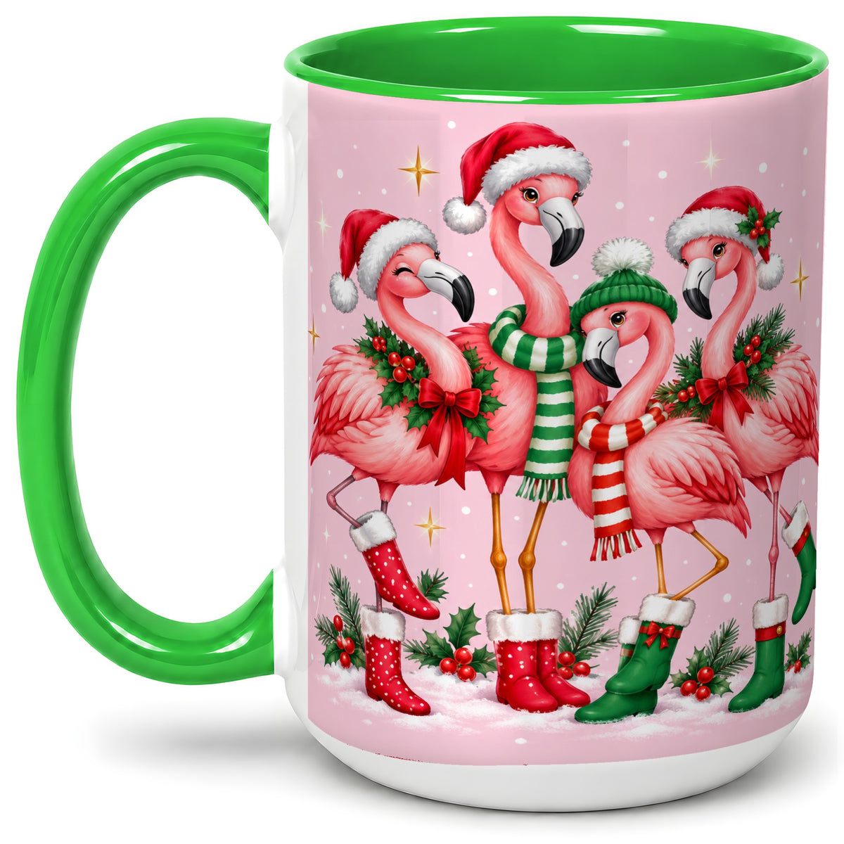 #pl[15oz|Green] Christmas Flamingo Accent Mug, Pink Holiday Bird Artwork