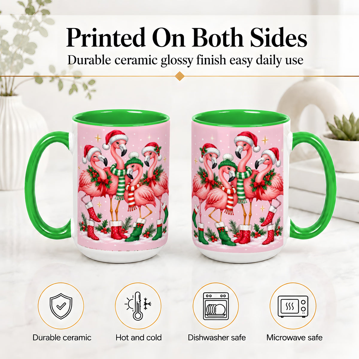 #pl[15oz|Green] Christmas Flamingo Accent Mug, Pink Holiday Bird Artwork