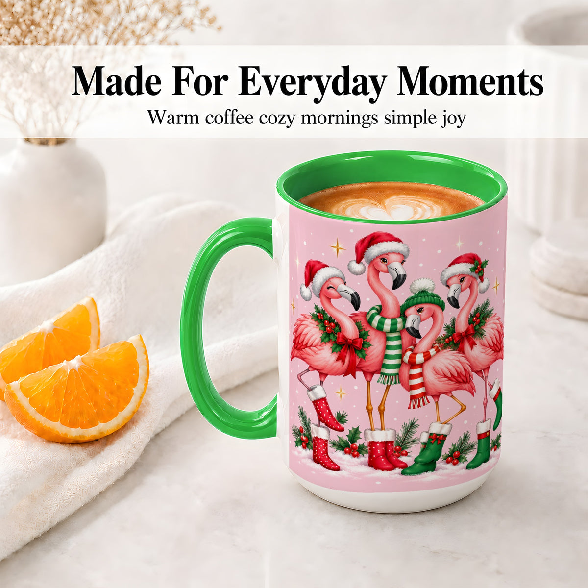 #pl[15oz|Green] Christmas Flamingo Accent Mug, Pink Holiday Bird Artwork