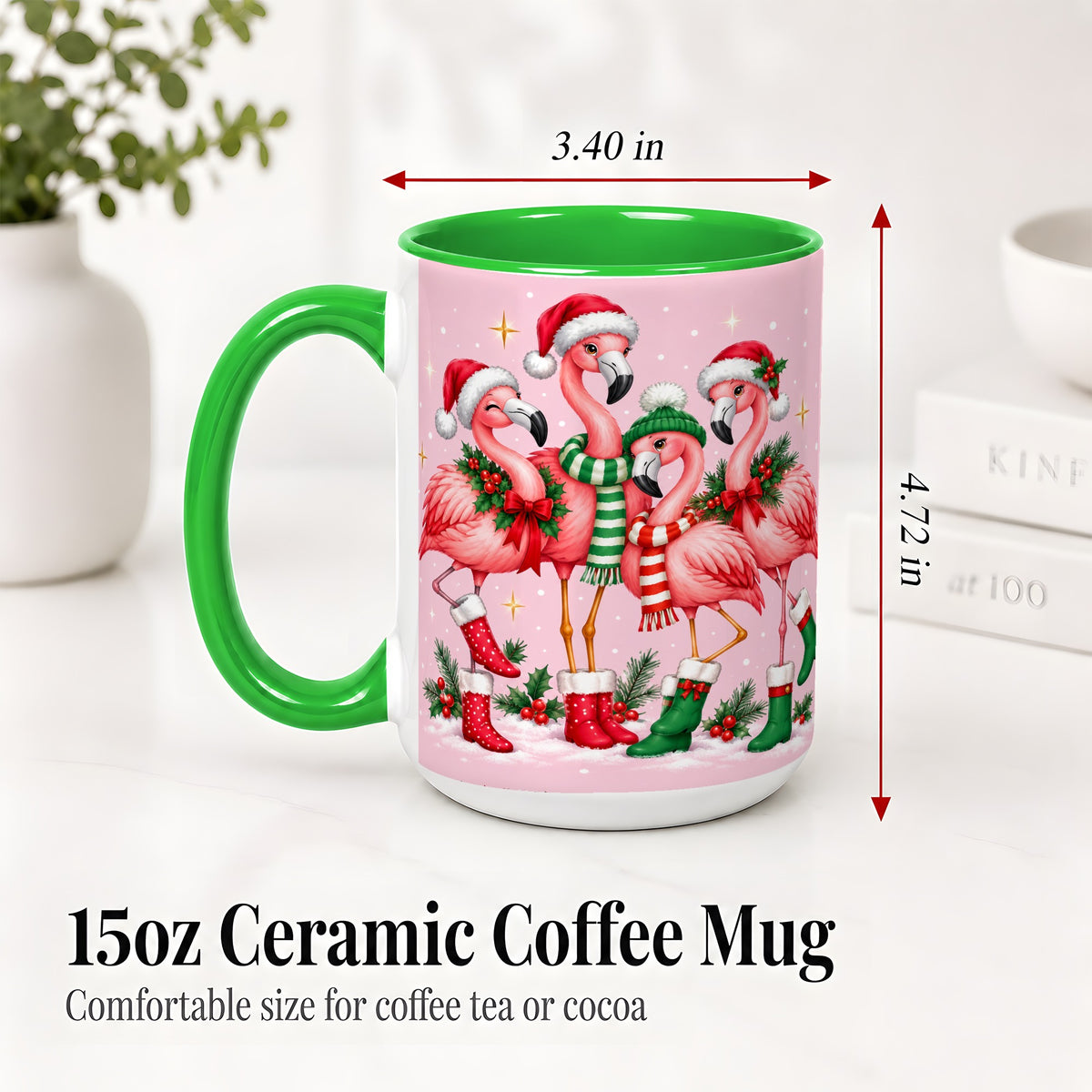 #pl[15oz|Green] Christmas Flamingo Accent Mug, Pink Holiday Bird Artwork