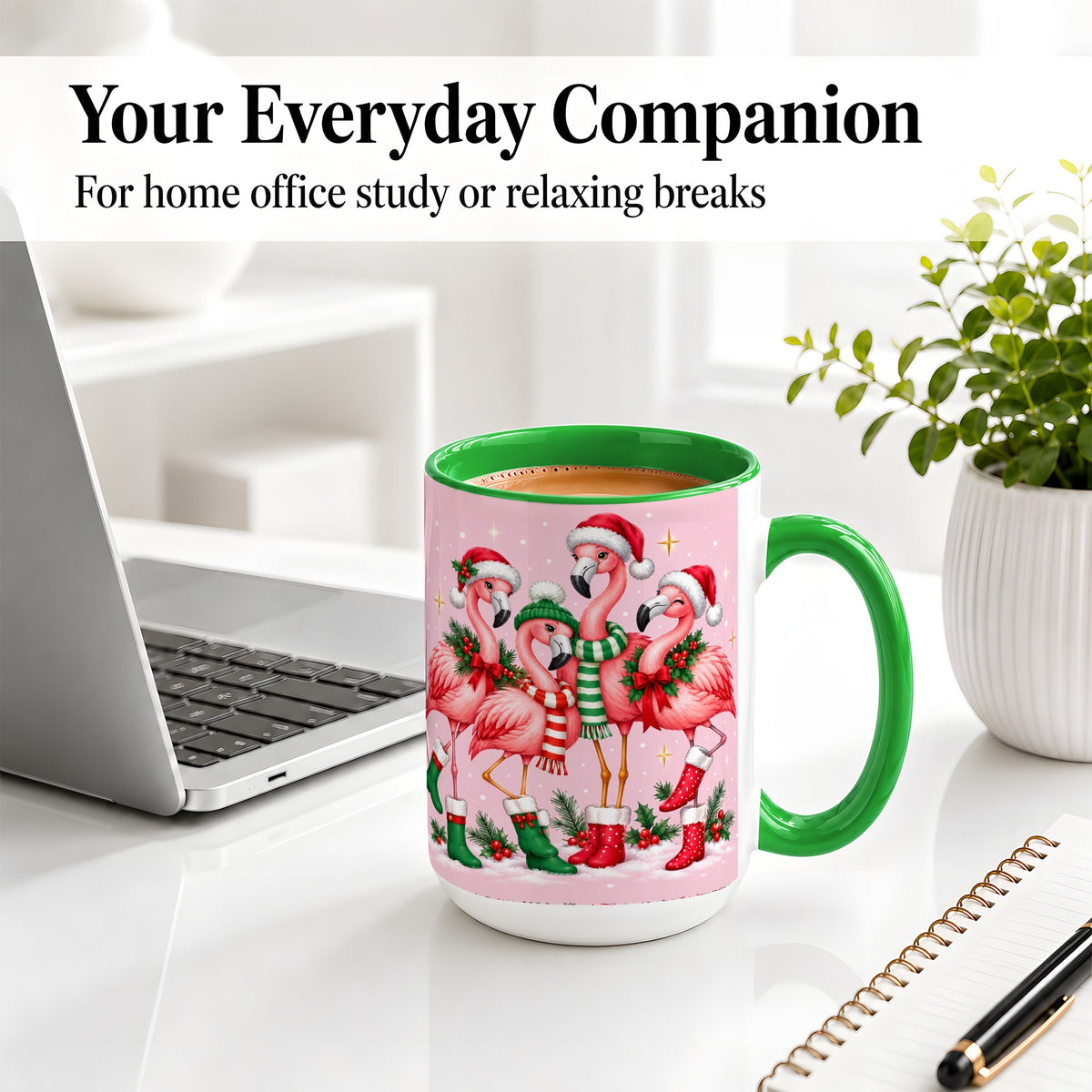 #pl[15oz|Green] Christmas Flamingo Accent Mug, Pink Holiday Bird Artwork