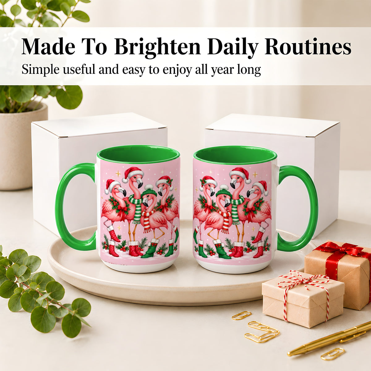 #pl[15oz|Green] Christmas Flamingo Accent Mug, Pink Holiday Bird Artwork