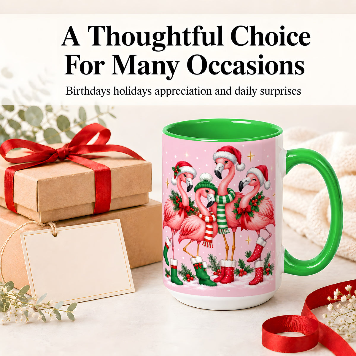 #pl[15oz|Green] Christmas Flamingo Accent Mug, Pink Holiday Bird Artwork