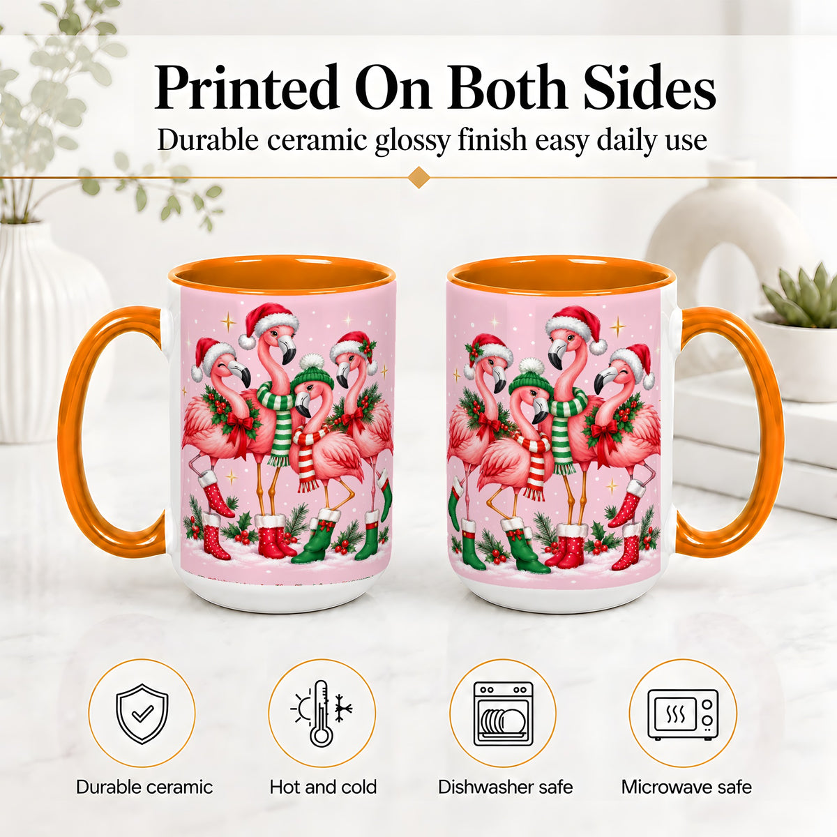#pl[15oz|Orange] Christmas Flamingo Accent Mug, Pink Holiday Bird Artwork
