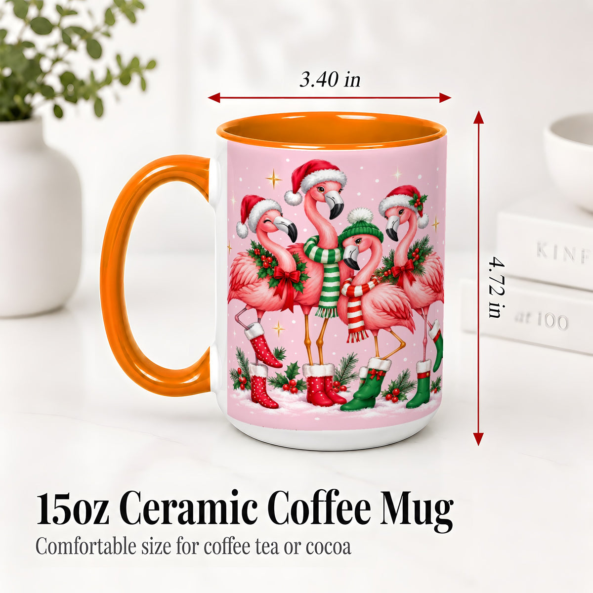 #pl[15oz|Orange] Christmas Flamingo Accent Mug, Pink Holiday Bird Artwork
