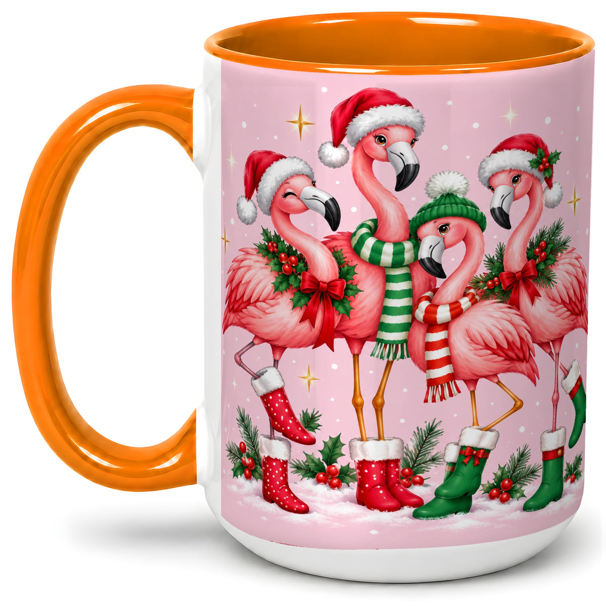 #pl[15oz|Orange] Christmas Flamingo Accent Mug, Pink Holiday Bird Artwork