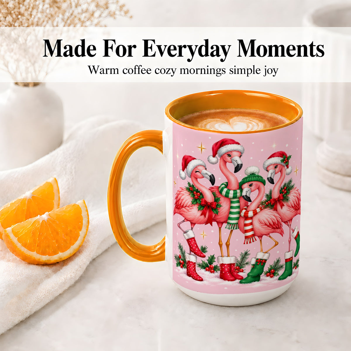 #pl[15oz|Orange] Christmas Flamingo Accent Mug, Pink Holiday Bird Artwork