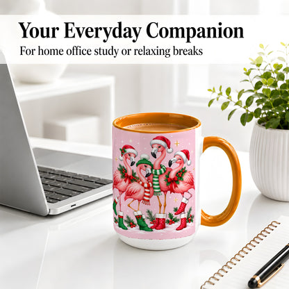 #pl[15oz|Orange] Christmas Flamingo Accent Mug, Pink Holiday Bird Artwork