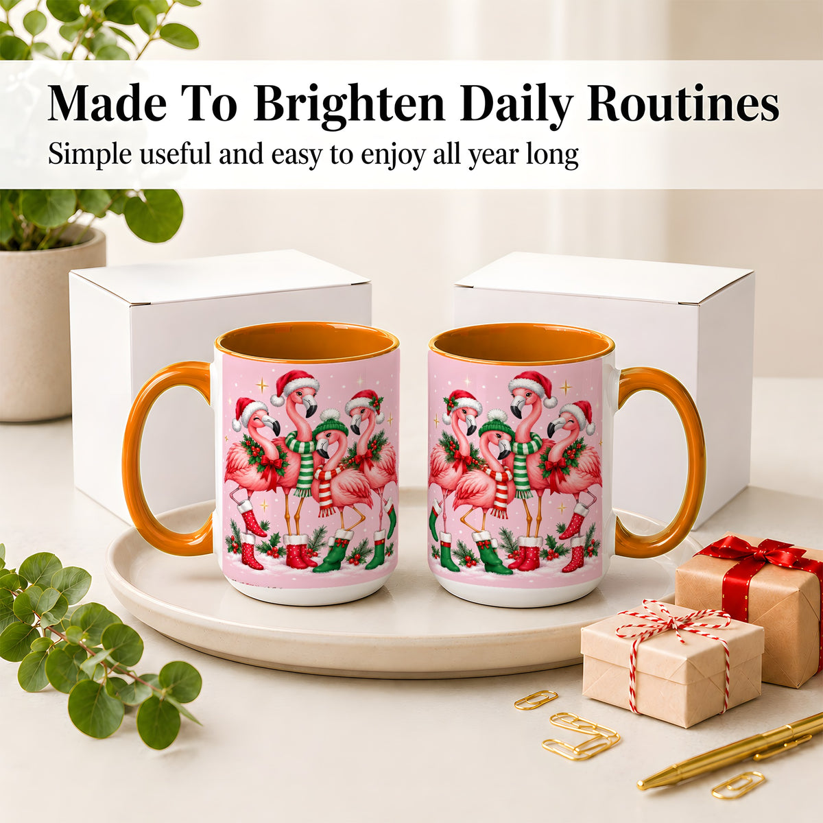 #pl[15oz|Orange] Christmas Flamingo Accent Mug, Pink Holiday Bird Artwork