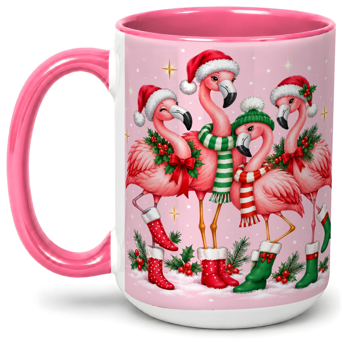 #pl[15oz|Pink] Christmas Flamingo Accent Mug, Pink Holiday Bird Artwork