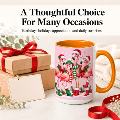 #pl[15oz|Orange] Christmas Flamingo Accent Mug, Pink Holiday Bird Artwork