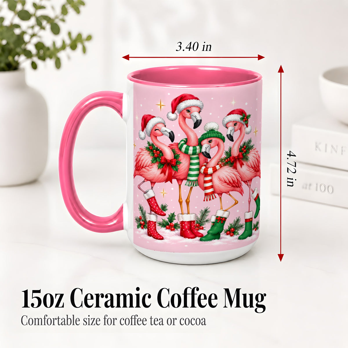 #pl[15oz|Pink] Christmas Flamingo Accent Mug, Pink Holiday Bird Artwork