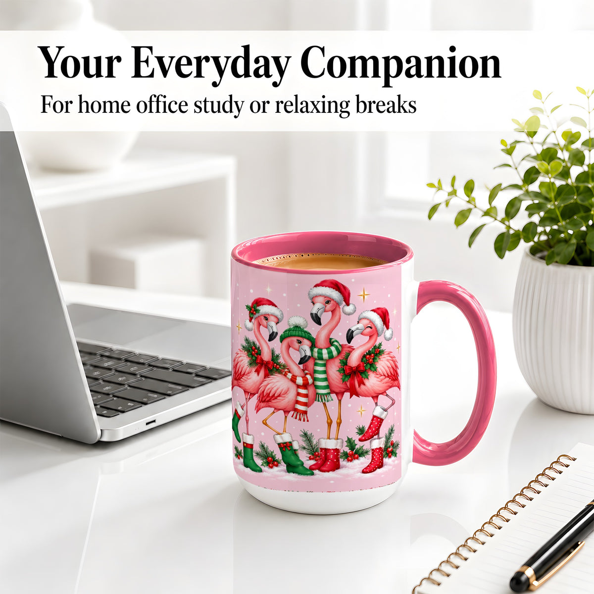 #pl[15oz|Pink] Christmas Flamingo Accent Mug, Pink Holiday Bird Artwork