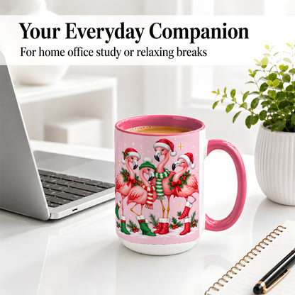 #pl[15oz|Pink] Christmas Flamingo Accent Mug, Pink Holiday Bird Artwork