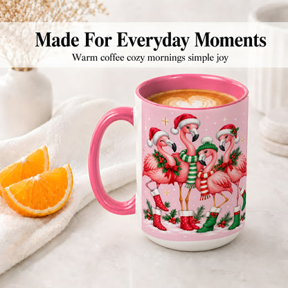 #pl[15oz|Pink] Christmas Flamingo Accent Mug, Pink Holiday Bird Artwork