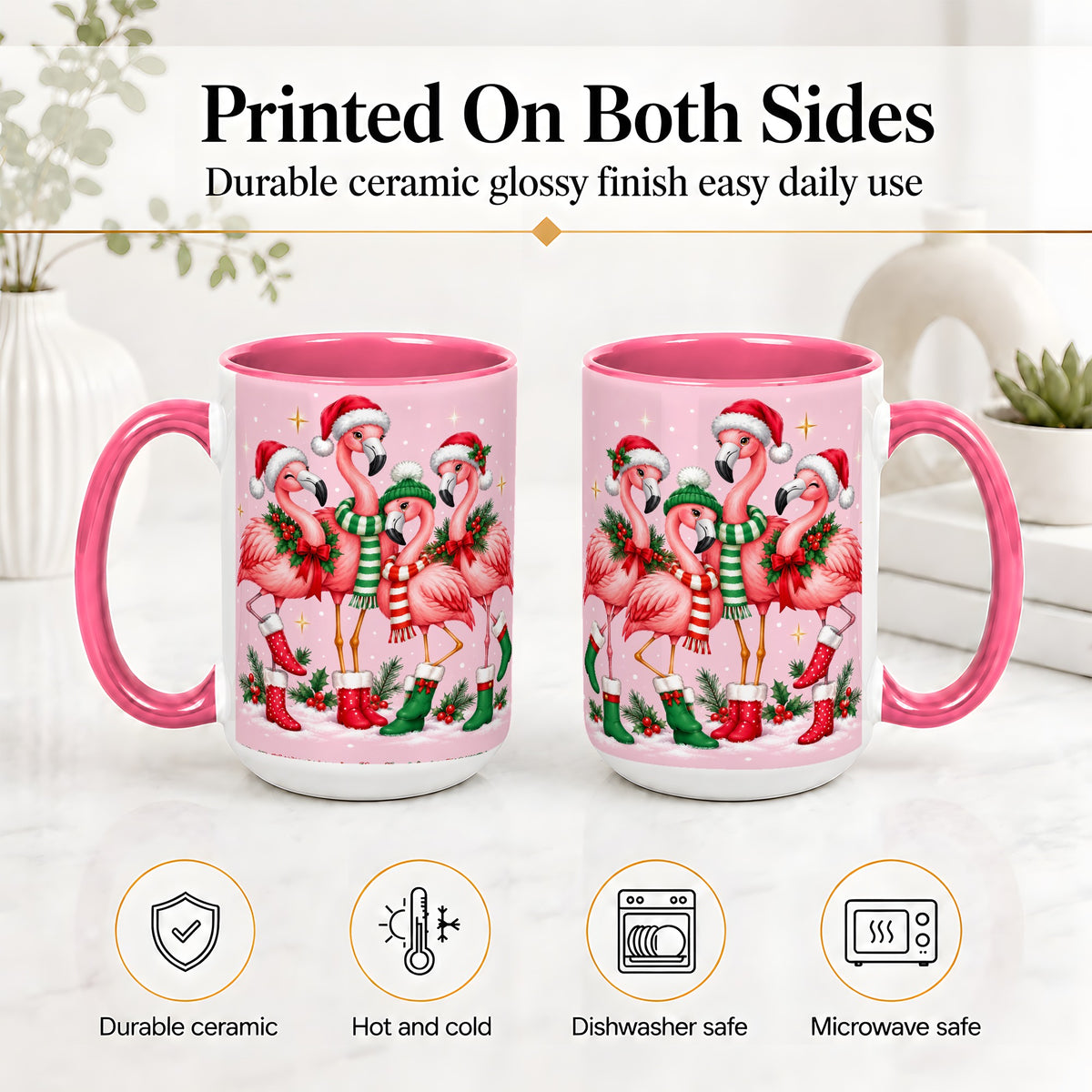 #pl[15oz|Pink] Christmas Flamingo Accent Mug, Pink Holiday Bird Artwork