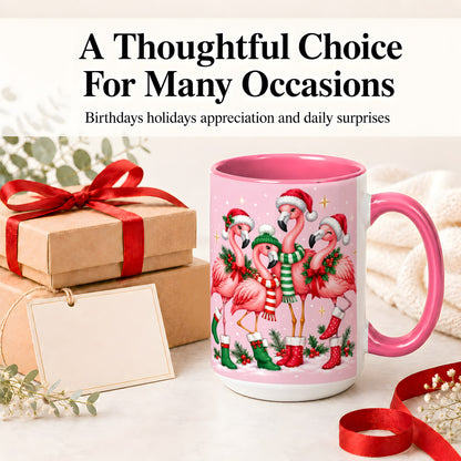 #pl[15oz|Pink] Christmas Flamingo Accent Mug, Pink Holiday Bird Artwork