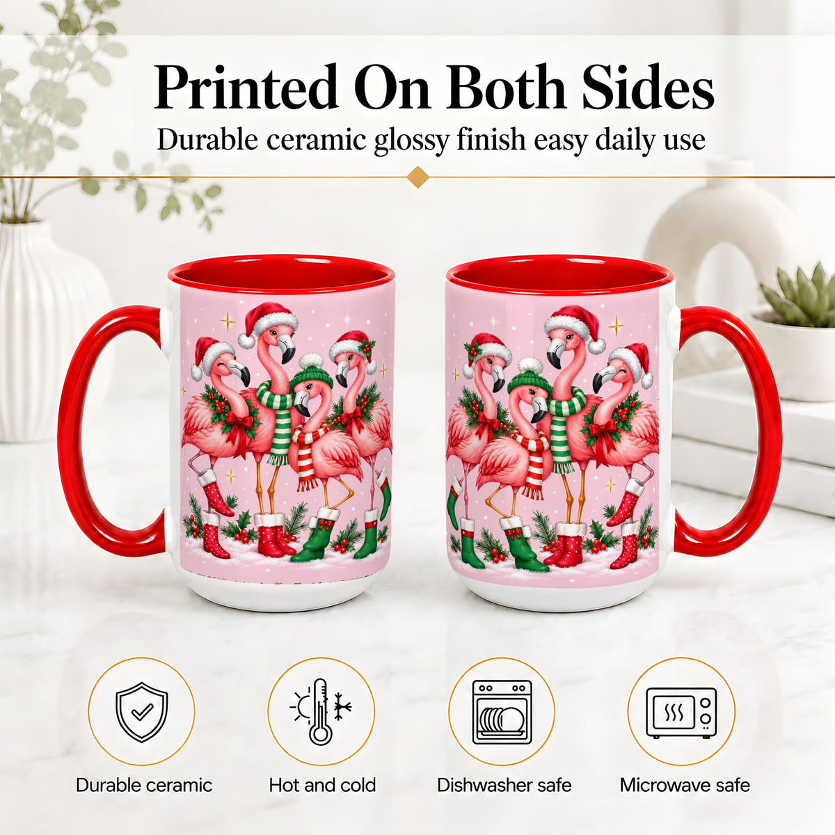 #pl[15oz|Red] Christmas Flamingo Accent Mug, Pink Holiday Bird Artwork