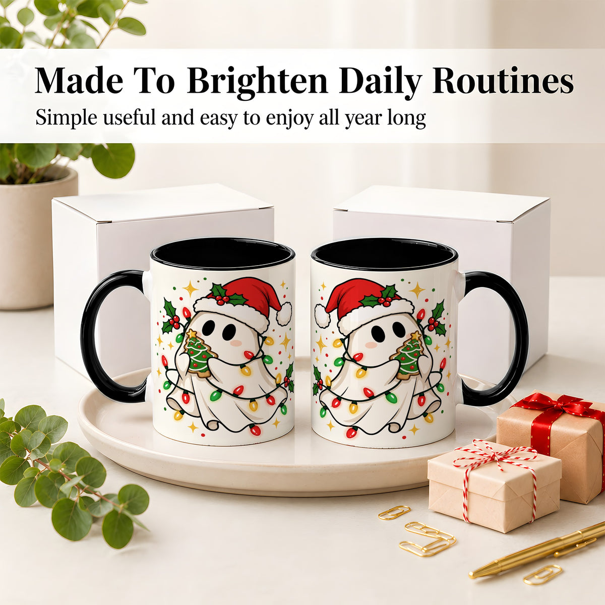 #pl[11oz|Black] Christmas Ghost Accent Mug, Holiday Lights Cookie Artwork
