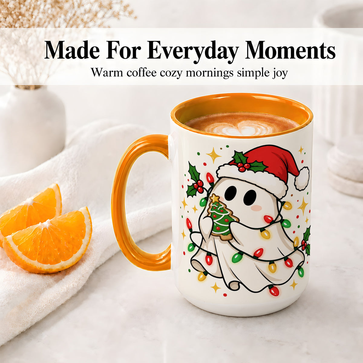 #pl[15oz|Orange] Christmas Ghost Accent Mug, Holiday Lights Cookie Artwork