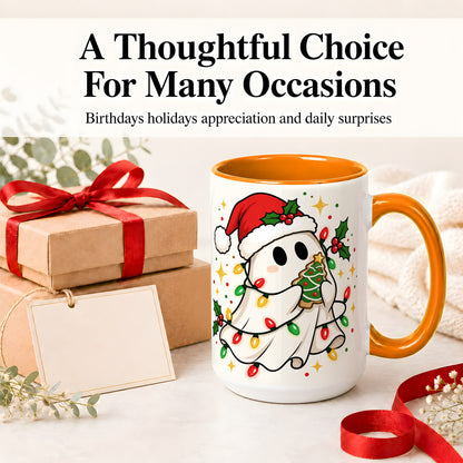 #pl[15oz|Orange] Christmas Ghost Accent Mug, Holiday Lights Cookie Artwork