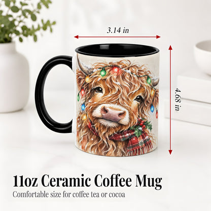 #pl[11oz|Black] Christmas Highland Cow Accent Mug, Watercolor Holiday Art