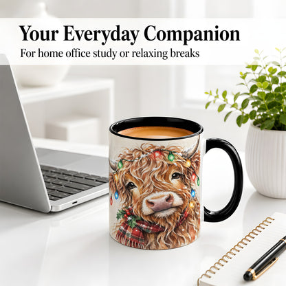 #pl[11oz|Black] Christmas Highland Cow Accent Mug, Watercolor Holiday Art