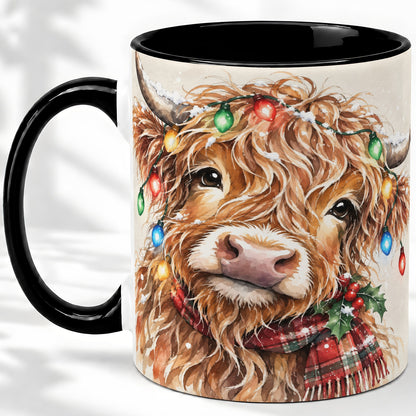 #pl[11oz|Black] Christmas Highland Cow Accent Mug, Watercolor Holiday Art